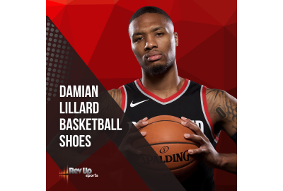 Basketball player, Damian Lillard holding a basketball with the text "Damian Lillard Basketball Shoes"