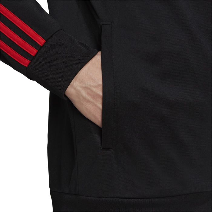Adidas red jacket black stripes shop