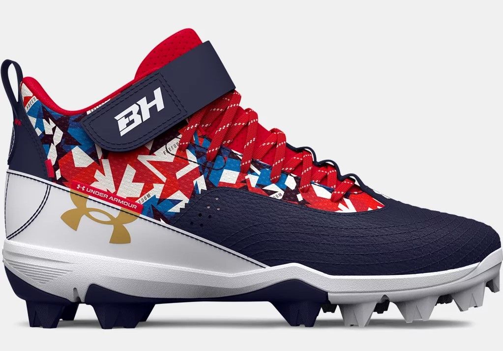 Under Armour Harper 7 USA Mid RM Jr. Youth Baseball Cleats - Red / White / Blue 1.5