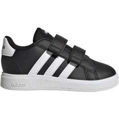 Classic looking toddler adidas shoes - the Grand Court 2.0 sneakers in black with white stripes and hook and loop closure.